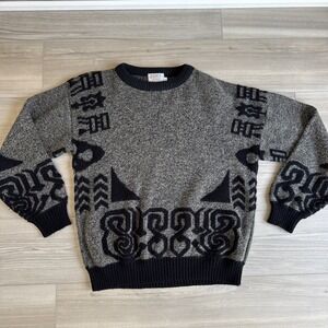 Vintage‎ Men's Sweater Hilton Acrylic USA Size Large Geometric Pattern Black Tan